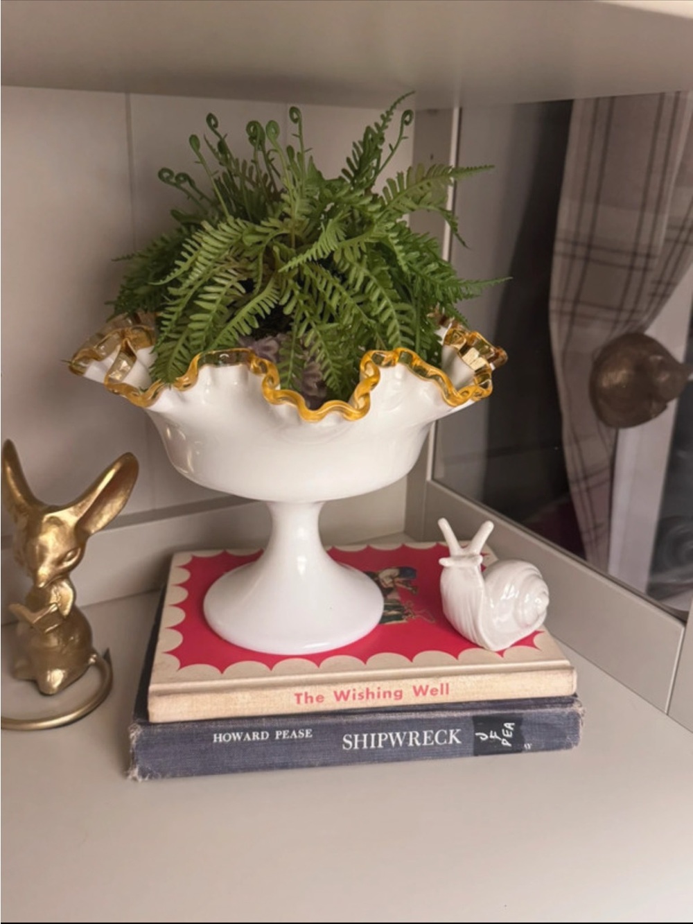 Vintage White Milk Glass Pedestal Compote Bowl Gold Ruffled Rim